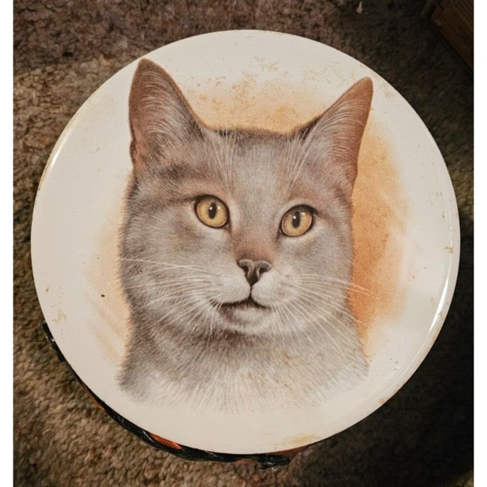 Vintage H & R Johnson England Decorative Round Tile Grey Tabby Cat
